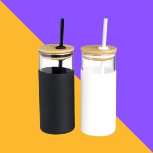 Copo de Vidro com Tampa de Bambu e Canudo Personalizado